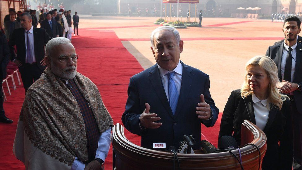 Mr Modi welcomed Mr Netanyahu at the President's House in Delhi on Monday
