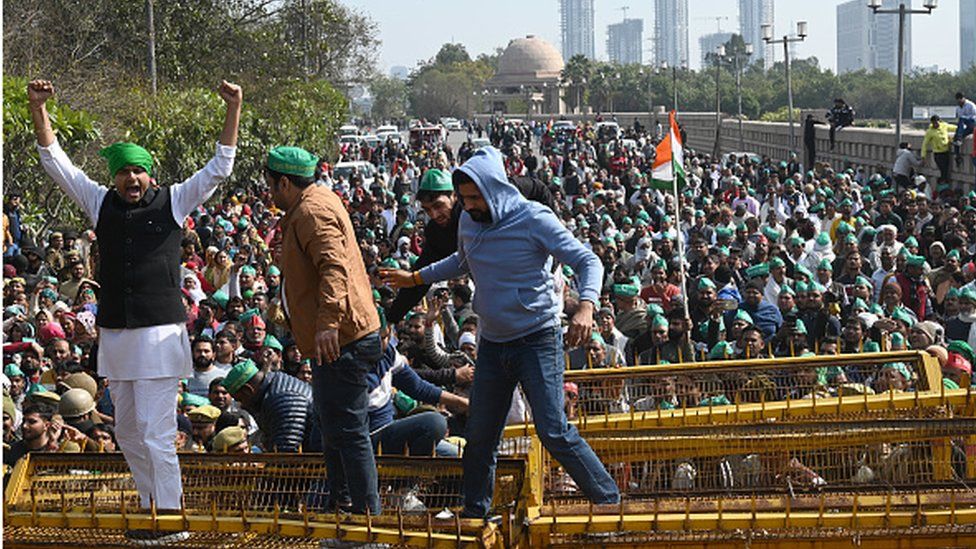 Farmers from Noida and Greater Noida, en route to Delhi for their protest, were stopped by UP Police at the Mahamaya flyover on February 8, 2024 in Noida