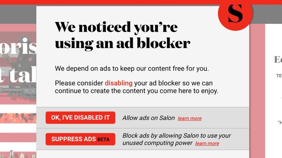 Salon.com has a crypto mining in browser alternative to Ad blocker