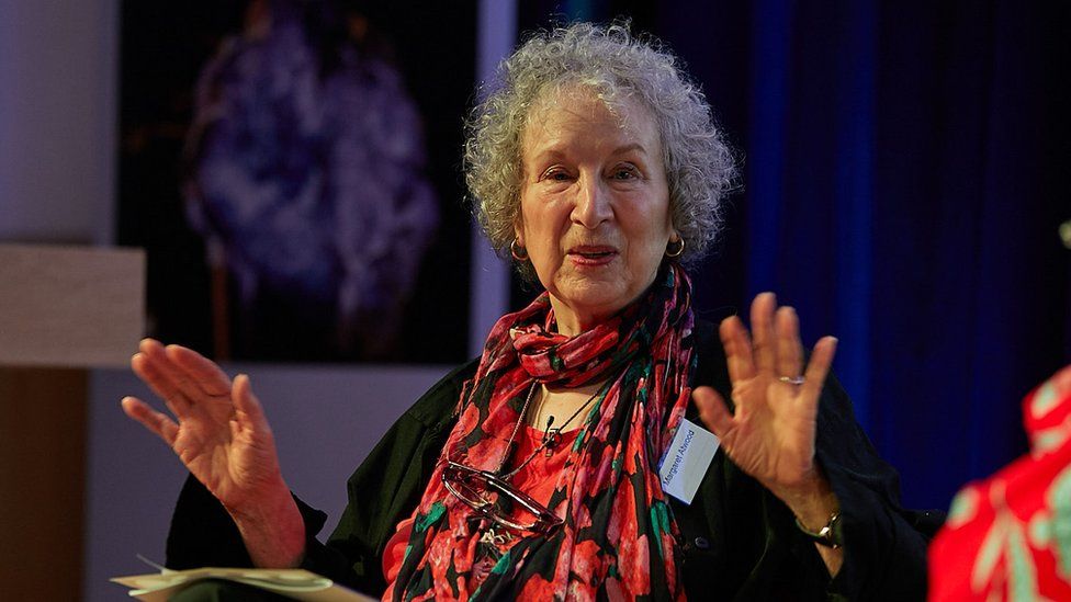 Author Margaret Atwood gesturing as she speaks