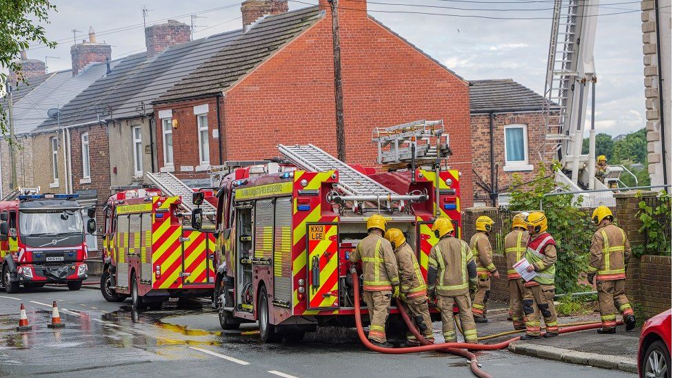 Fire engines lined up along Thornley Road