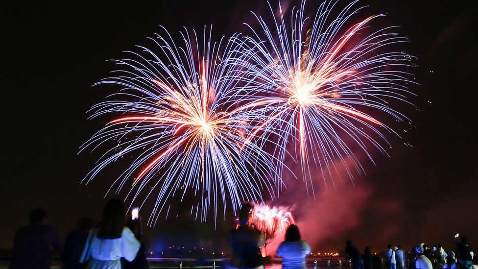 Fireworks illuminate the sky over the Yas Marina on the third day of the Muslim holiday of Eid Al-Fitr at the Marina on Yas Island, Abu Dhabi, United Arab Emirates,