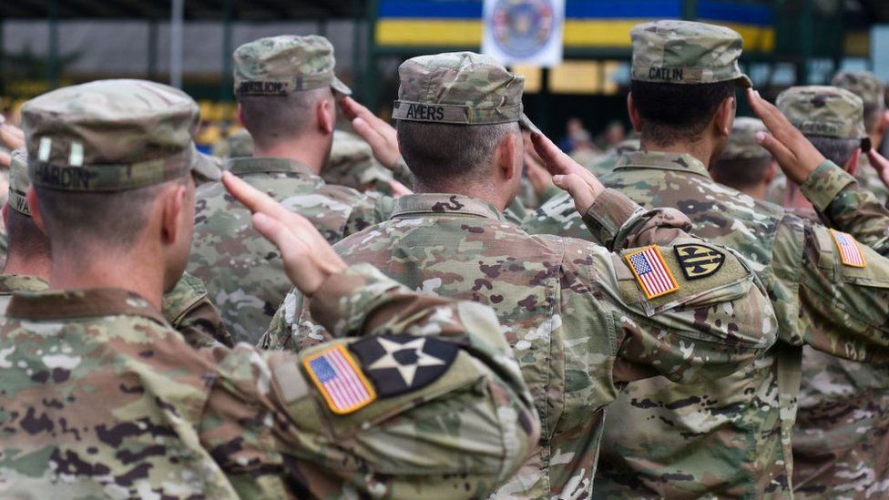 US soldiers pictured in the opening ceremony of the "Rapid Trident-2018" international military exercises in Starytchi, outside Lviv on September 3, 2018.