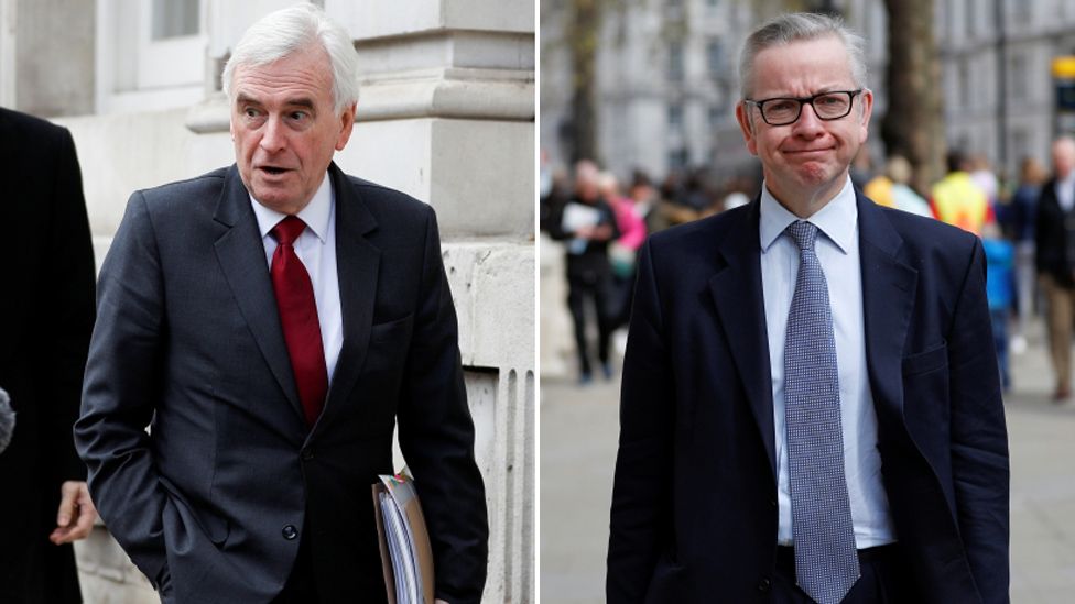 John McDonnell and Michael Gove arrive for talks