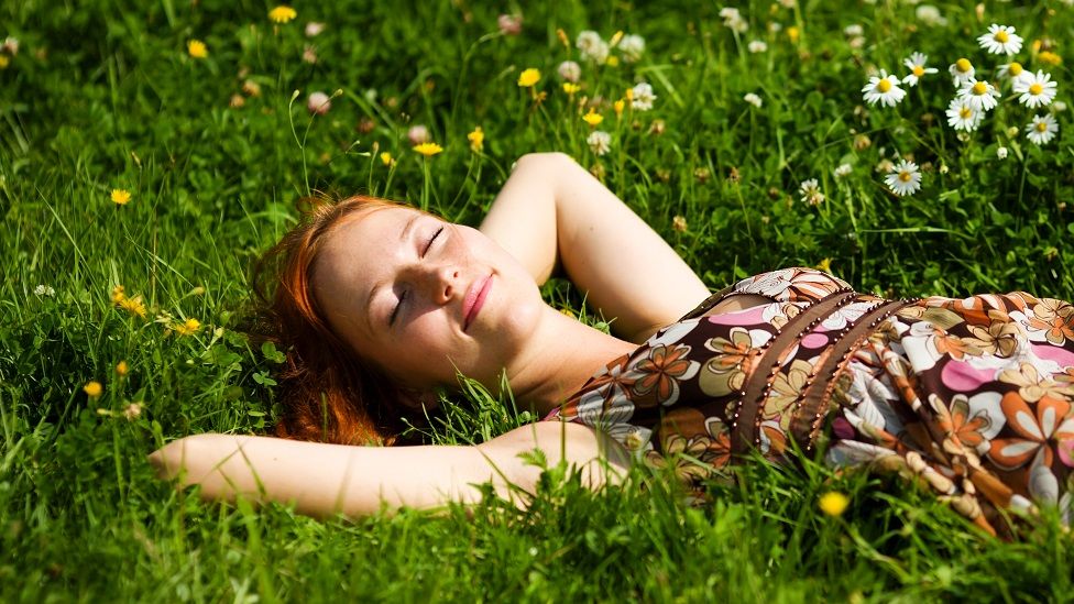 Generic image of a woman sunbathing on flower-covered grass