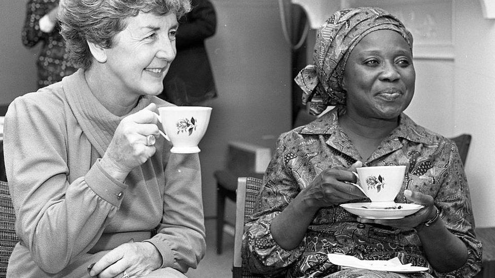 Sally Mugabe, wife of Zimbabwean President Robert Mugabe, at the Irish Countrywomen's Association in Dublin during a three-day visit with her husband to Dublin in September 1983.