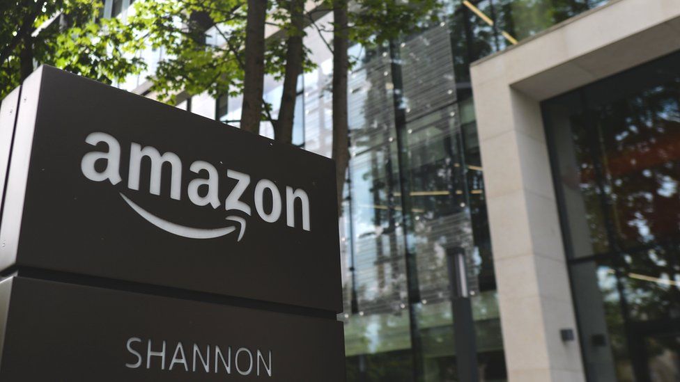 Amazon logo seen at the entrance to Amazon's Shannon Building on Burlington Road in Dublin.