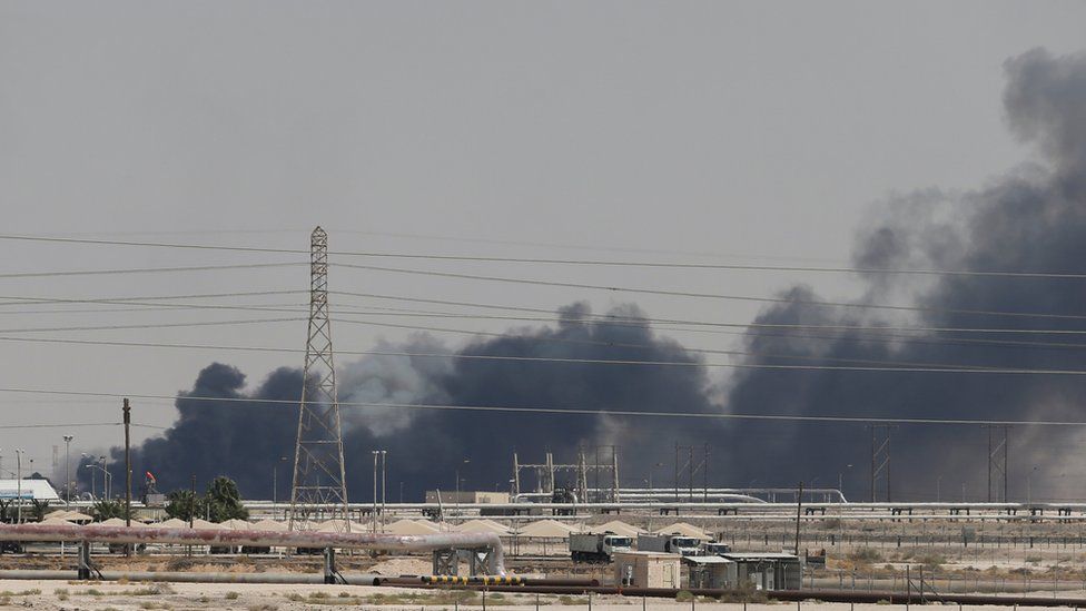 Smoke is seen following a fire at Aramco facility in the eastern city of Abqaiq, Saudi Arabia, September 14, 2019