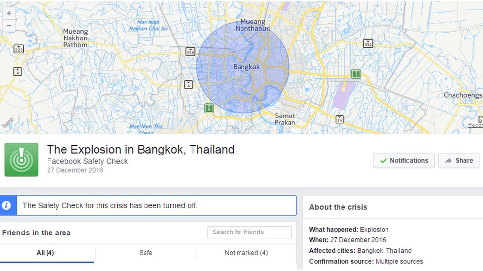 Printscreen on Facebook alert on Bangkok explosion