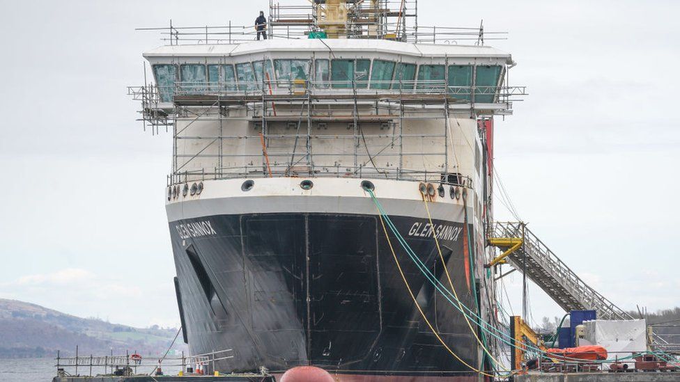 The hull of the Glen Sannox ferry at the Ferguson shipyard