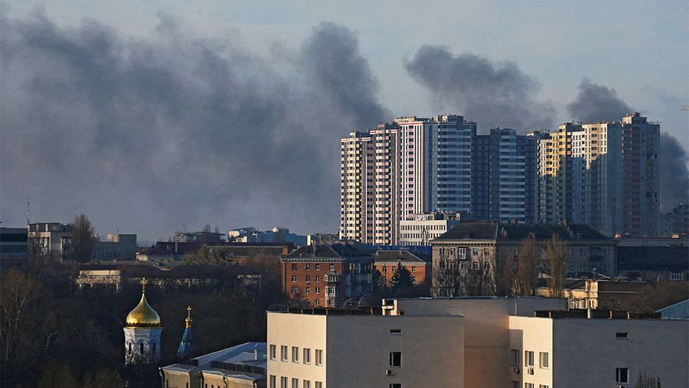 Smoke rises after recent shelling in Kyiv, Ukraine February 26, 2022