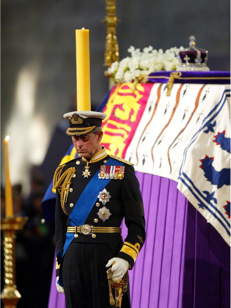 Prince of Wales standing vigil beside the Queen Mother's coffin in Westminster Hall in London