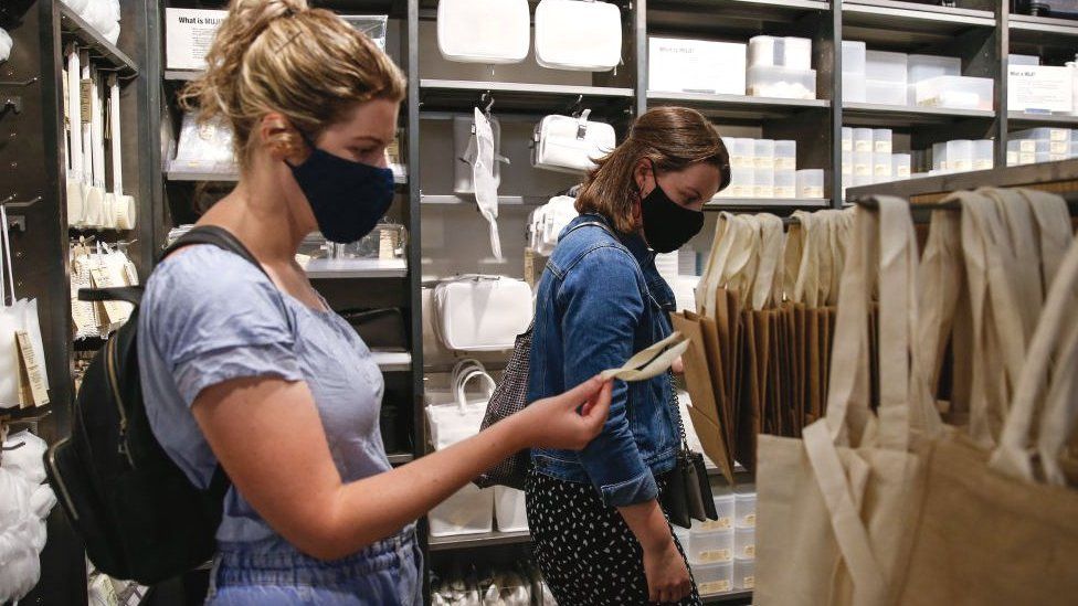 Women wearing face masks in shop