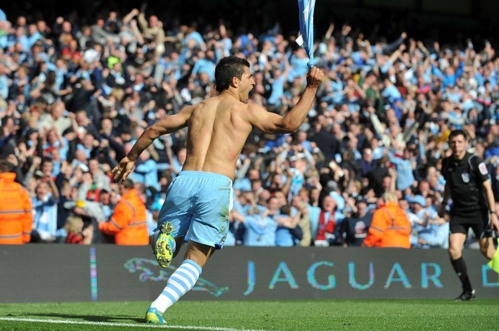 Sergio Aguero celebrating his title-winning goal in 2012 by