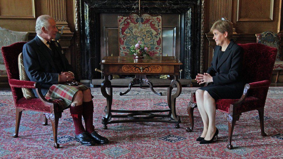 King Charles III during an audience with the First Minister of Scotland Nicola Sturgeon at the Palace of Holyroodhouse on September 12, 2022 in Edinburgh, Scotland.