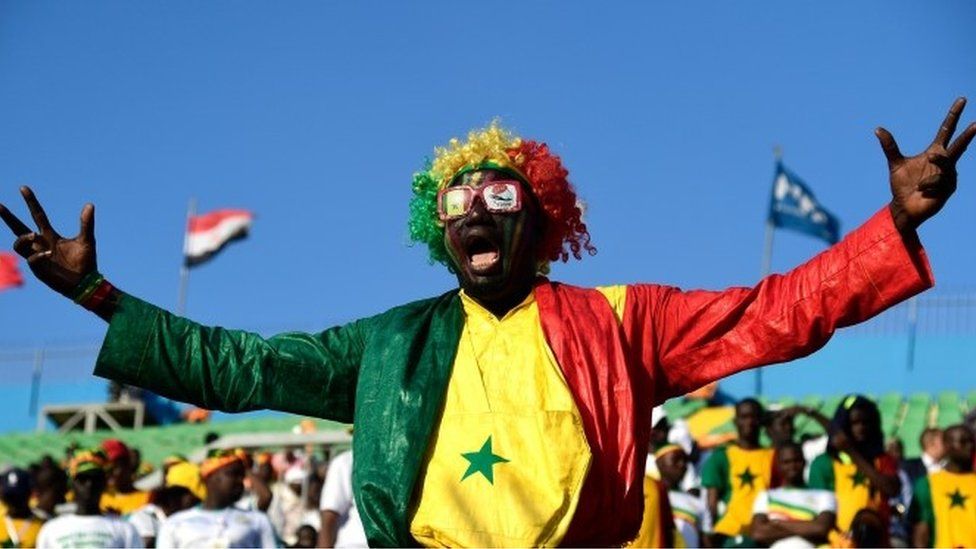 A Senegal supporter cheers during the 2019 Africa Cup of Nations (CAN) quarter final football match between Senegal and Benin at the 30 June stadium in Cairo on July 9, 2019