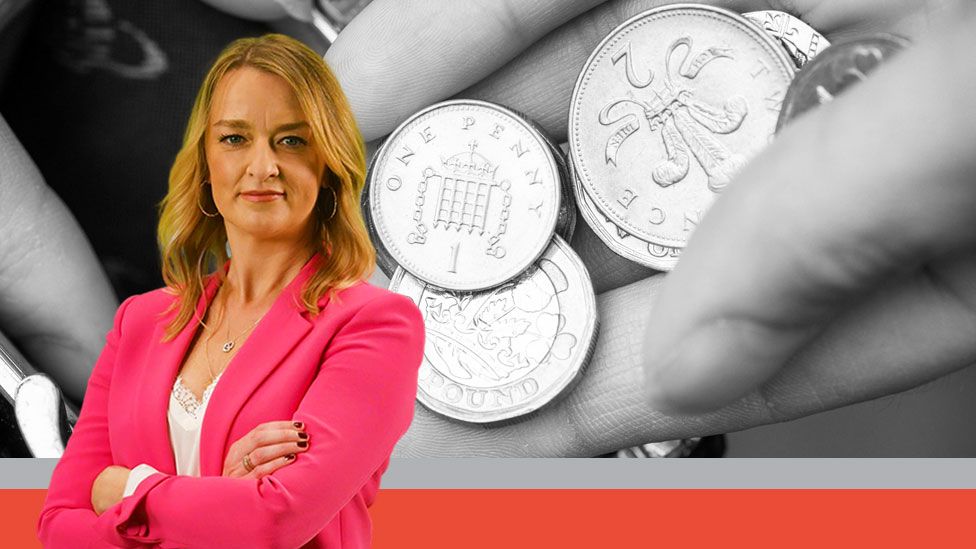 Composite image of Laura Kuenssberg and a woman with a handful of change