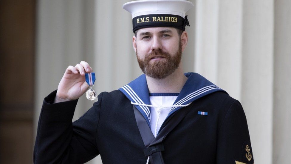 Leading Seaman David Groves with his Queens Gallantry Medal