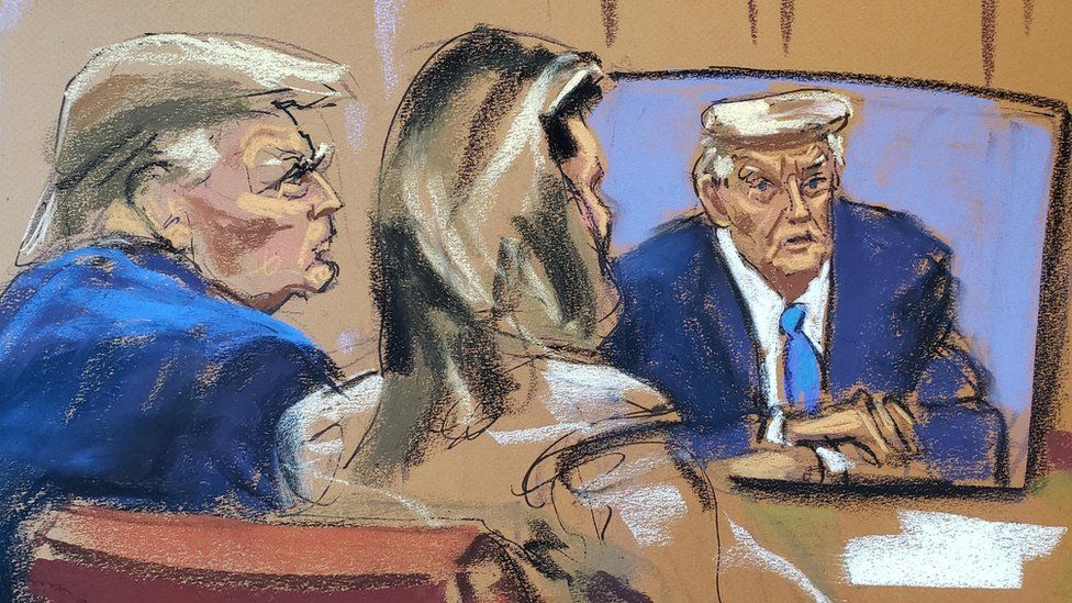 Former U.S. President Donald Trump watches footage of himself giving a video deposition during the second civil trial where Carroll accused former U.S. President Donald Trump of raping her decades ago, at Manhattan Federal Court in New York City, U.S., January 25, 2024 in this courtroom sketch. REUTERS/Jane Rosenberg