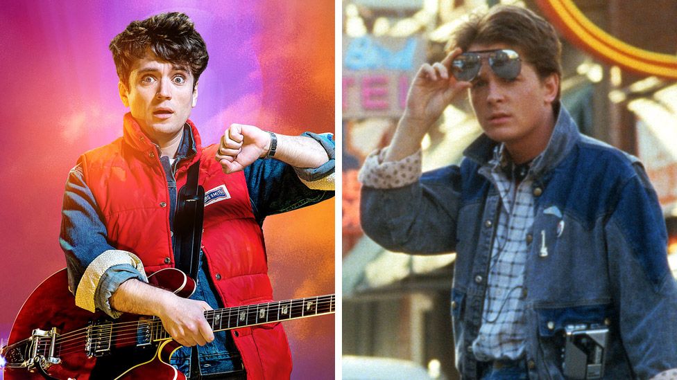 Olly Dobson (left) and Michael J Fox in Back to the Future