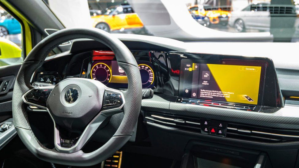 Volkswagen Golf Mk8 hatchback car interior on display at Brussels Expo on JANUARY 09, 2020