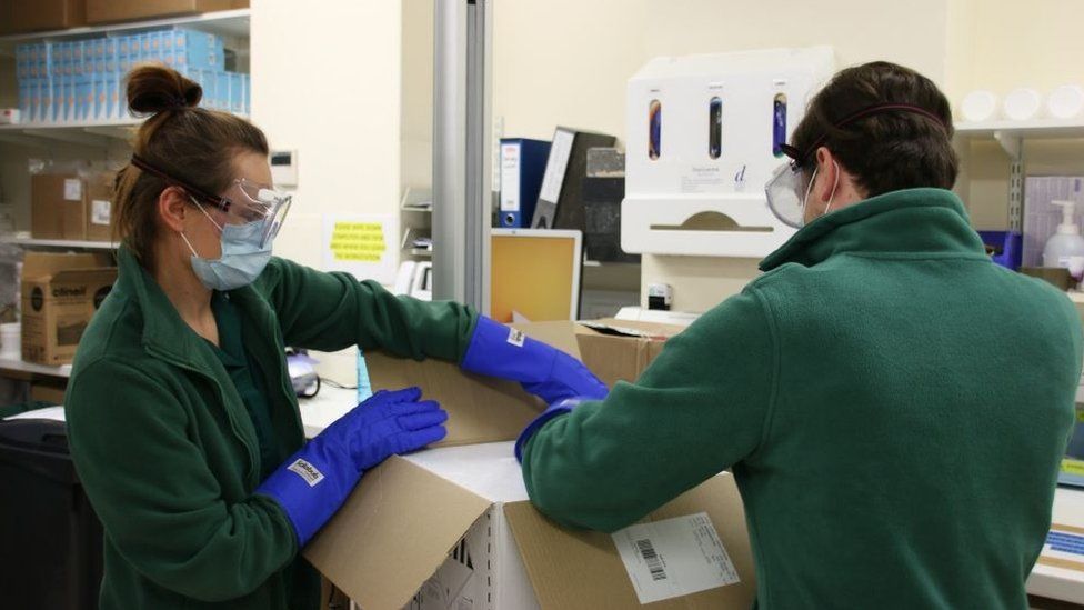 Lab staff unbox Covid vaccine