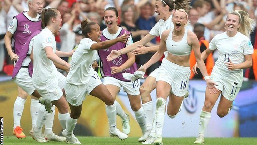 Chloe Kelly celebrates scoring England's winner against Germany in the Euro 2022 final at Wembley