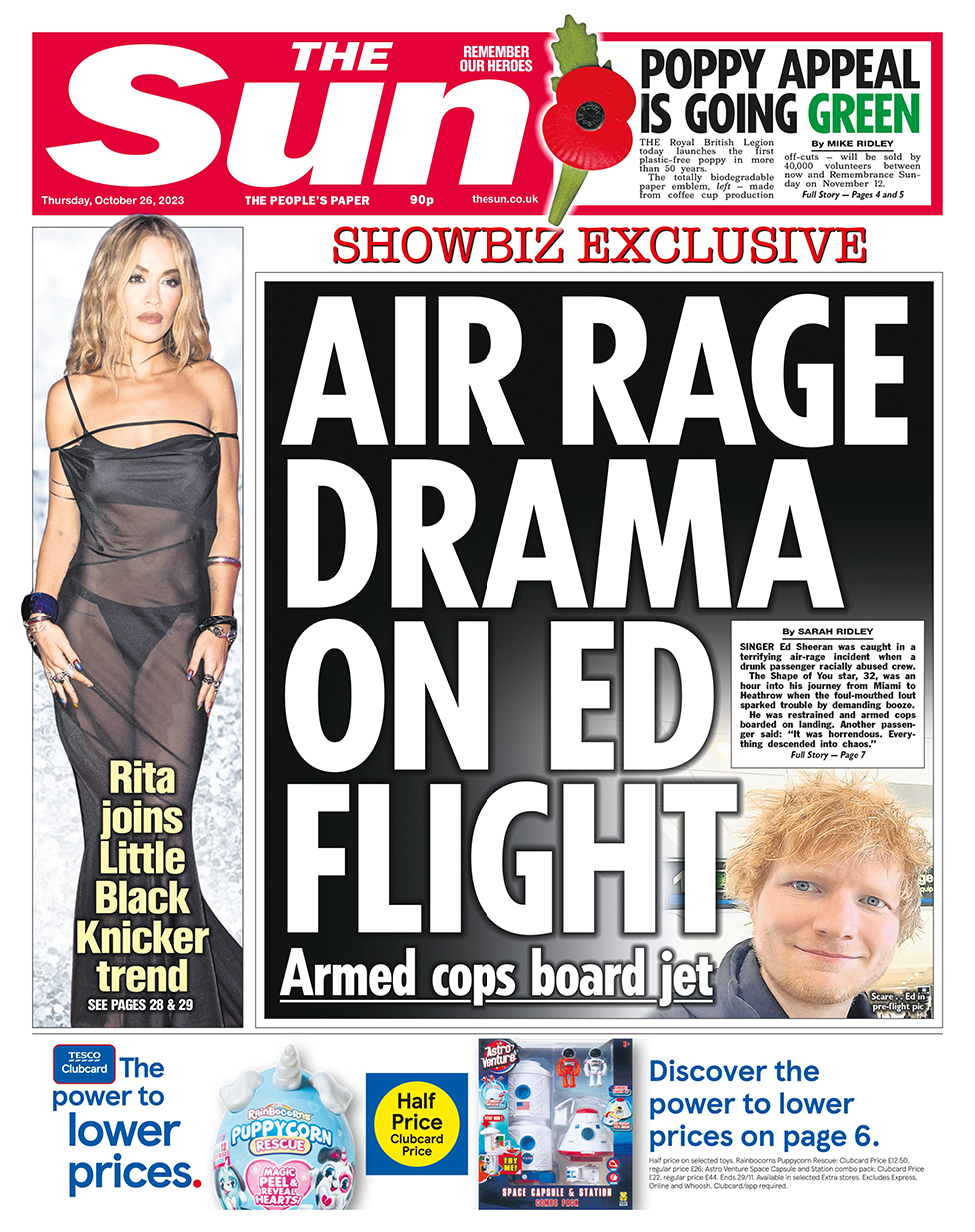 The headline in the Sun reads: "Air rage drama on Ed flight"