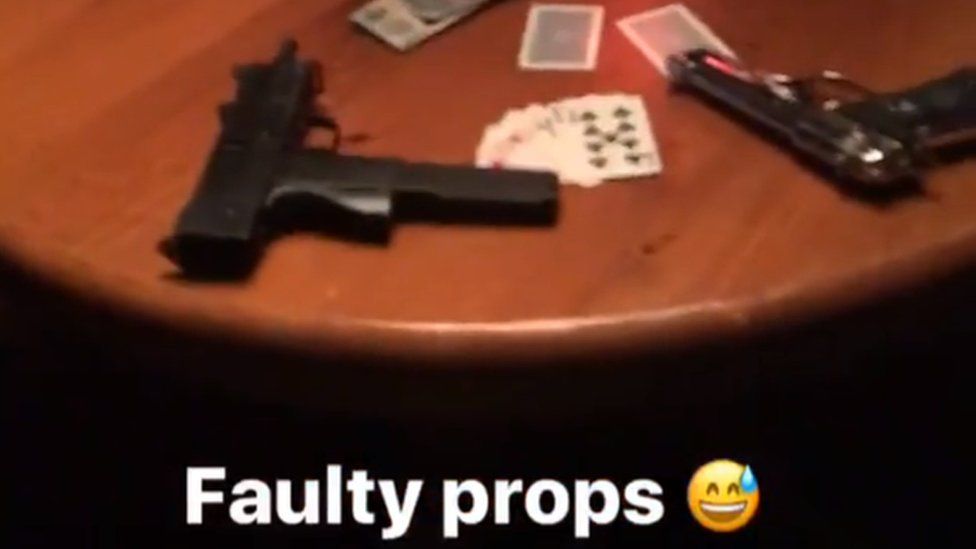 A video from Mr Ofner's Instagram account shows guns on the set, accompanied by his message, "faulty props"