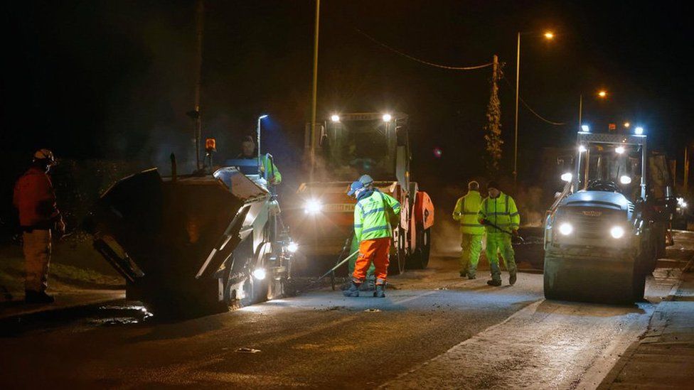 roadworks late at night in Suffolk, UK