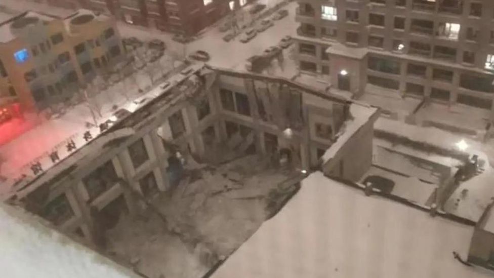 Aerial view of the collapsed gymnasium section in Jiamusi city