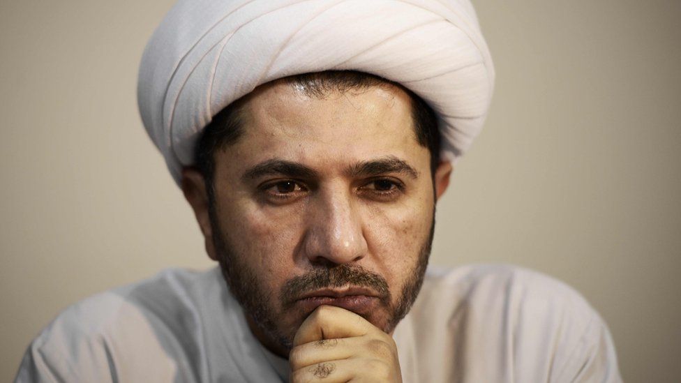Bahrain"s Al-Wefaq opposition group leader Sheikh Ali Salman looks on during a rallly in November 2014