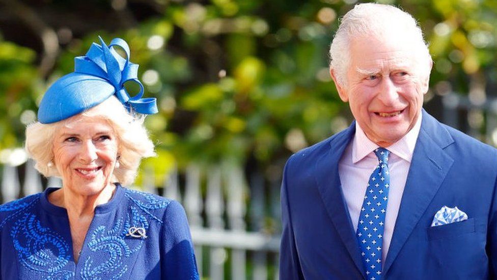 Camilla, Queen Consort and King Charles III attend the traditional Easter Sunday Mattins Service at St George's Chapel