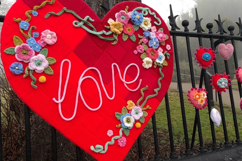 Valentine's Day knitting outside St Peter's Church in Ruddington