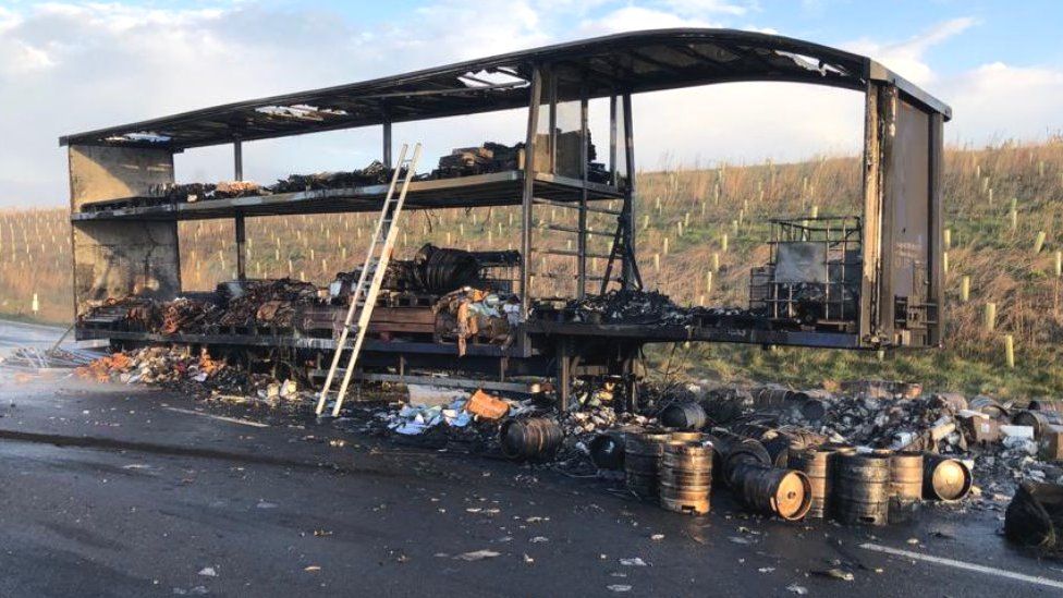 Lorry after catching fire on A14 in Brampton