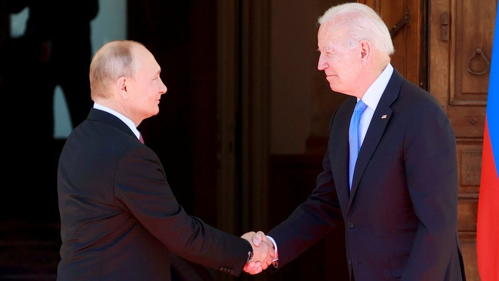 US President Joe Biden (R) and Russia"s President Vladimir Putin (L) meet during the US-Russia summit at Villa La Grange in Geneva, Switzerland, 16 June 2021.