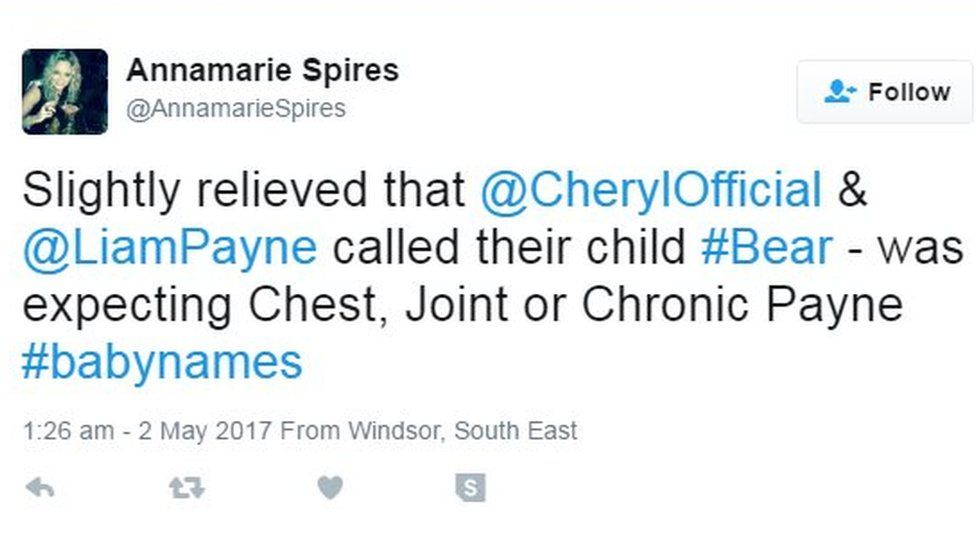 Annamarie Spires on Twitter: Slightly relieved that @CherylOfficial and @LiamPayne called their child Bear - was expecting Chest, Joint or Chronic Payne. Hash baby names.