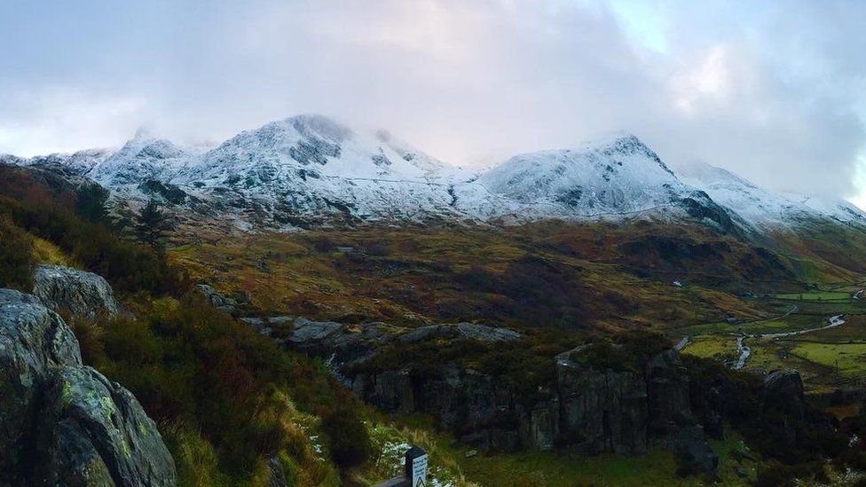 Snow-capped mountains over Ogwen Valley in Snowdonia