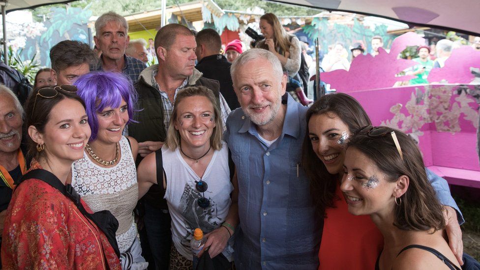 Labour Party leader Jeremy Corbyn meets festival-goers as he visits the Green Fields at the Glastonbury Festival site