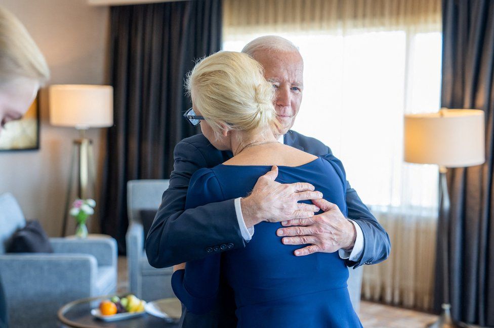 US President Joe Biden embraces Yulia Navalnaya, the wife of Alexei Navalny in San Francisco, California, 22 February 2024.
