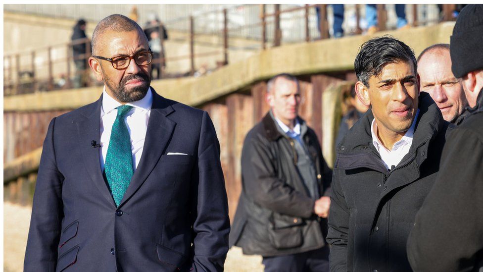 Home Secretary James Cleverly and Prime Minister Rishi Sunak in Leigh-on-Sea, Essex