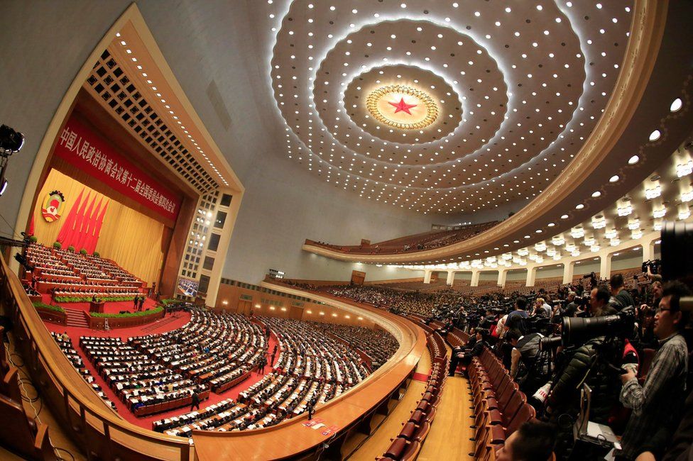 Fish-eye lens view of the 12th National Committee of the Chinese People's Political Consultative Conference (CPPCC) in the Great Hall of the People in Beijing, China, 3 March 2016.