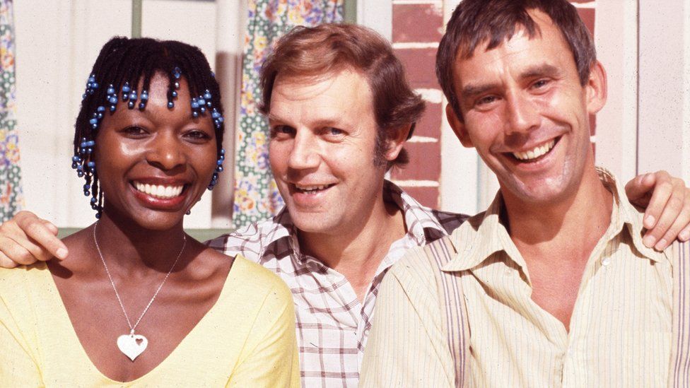Dame Floella Benjamin with fellow Play School presenters Brian Cant and Christopher Beeny