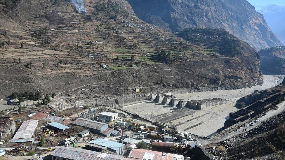 A view of the damaged Dhauliganga hydropower project at Reni village in Chamoli district after portion of Nanda Devi glacier broke off in Tapovan area of the northern state of Uttarakhand on India, 07 February 2021
