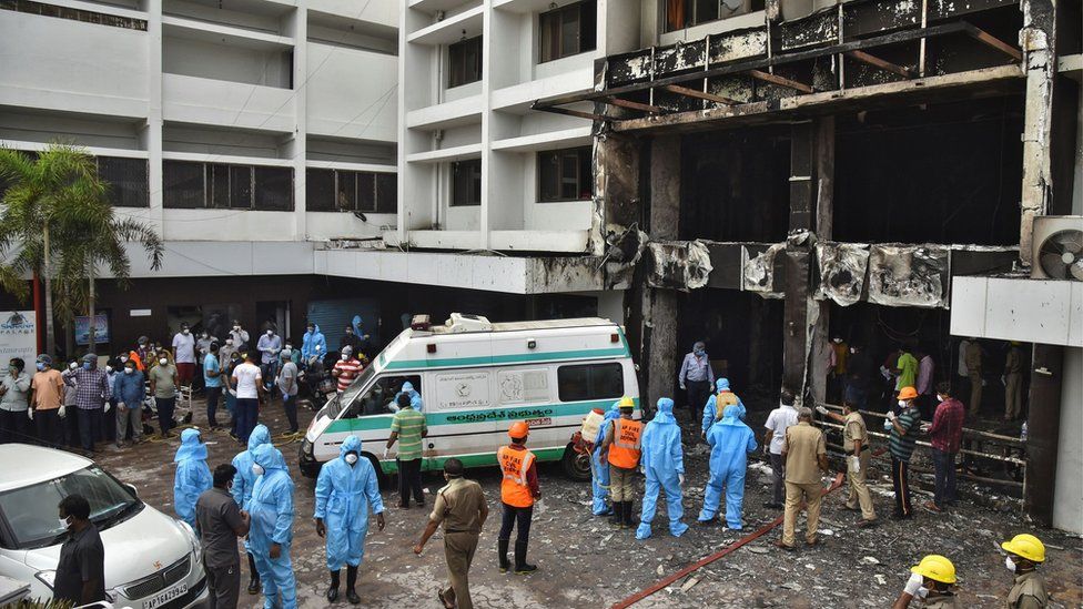 Rescue workers at the scene of the fire in Vijayawada