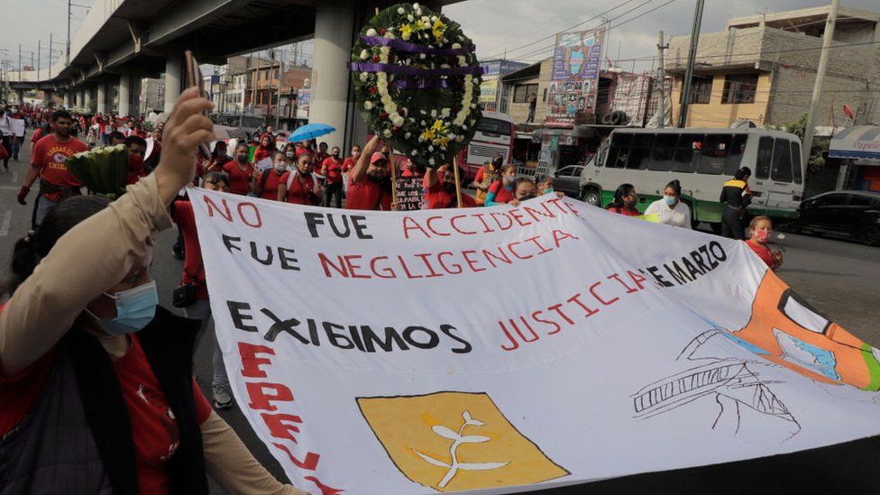 Members of the Francisco Villa Independent Popular Front march on Avenida Tláhuac to demand justice for the 26 people who died after a column collapsed on the night of May 3 between the Tezonco and Olivos subway stations of Line 12 of the Metro Collective Transport System in Mexico City.