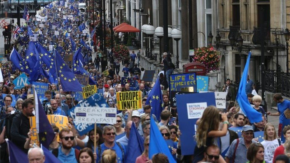 People march with EU flags and pro-Europe slogans on placards during a March for Europe protest