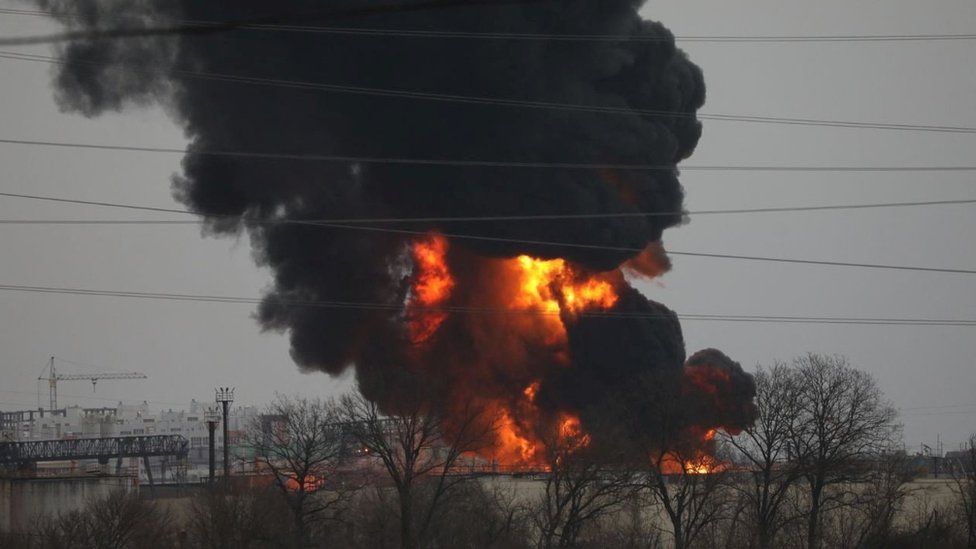 A view shows a fuel depot on fire in the city of Belgorod, Russia April 1, 2022.