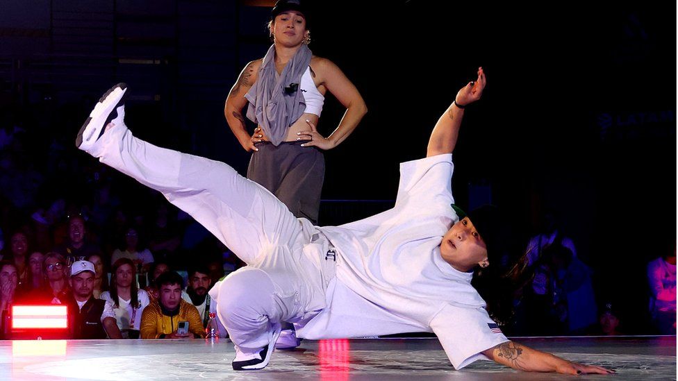 A break-dancer performs at the 2023 PanAm Games in Santiago, Chile