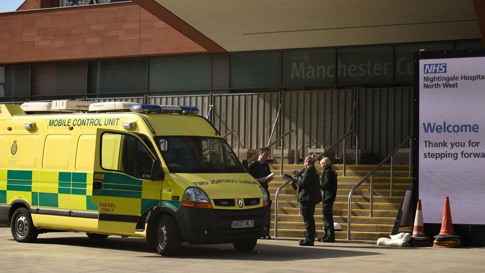 North West Ambulance Service staff work outside the "Nightingale Hospital North West", the converted Manchester Central Convention Complex, in Manchester, north-west England on April 13, 2020,